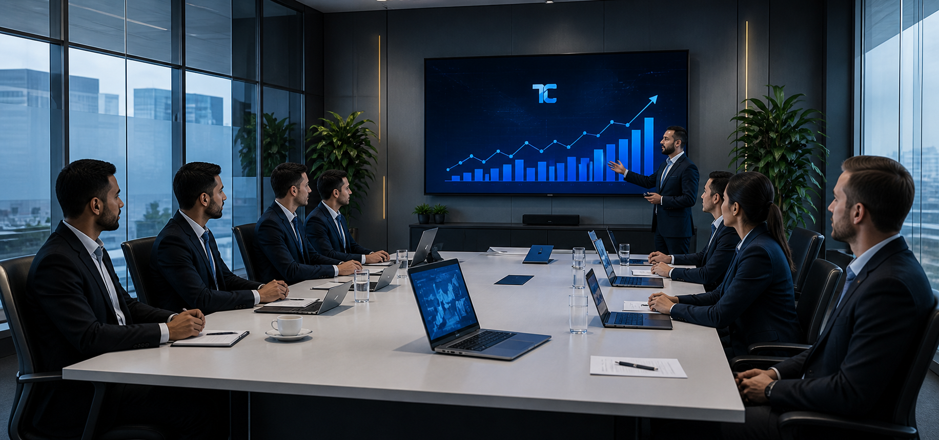 Technology professionals collaborating in a modern boardroom